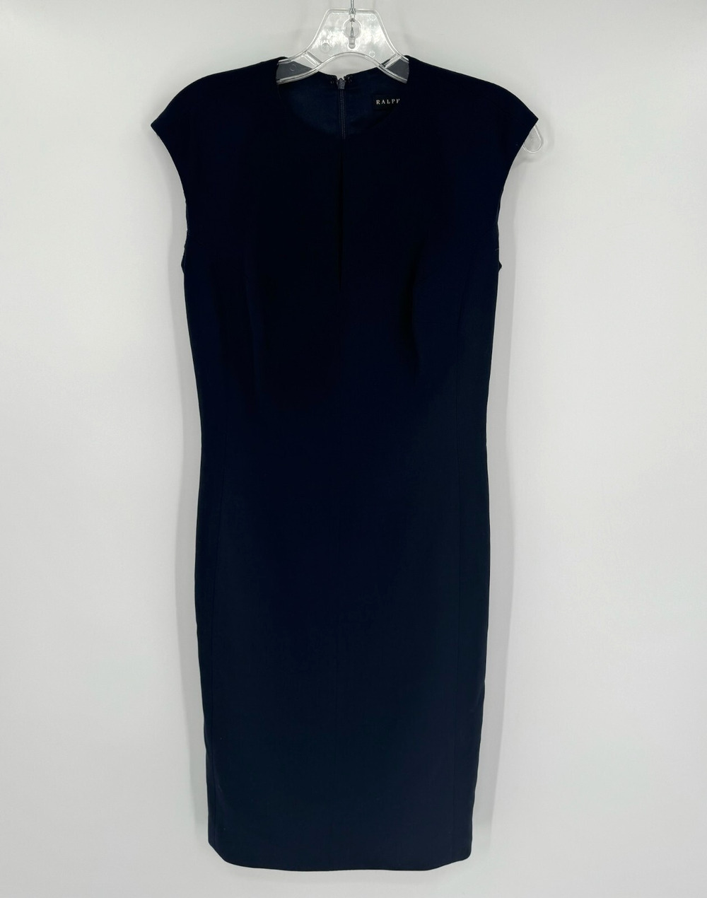 Ralph Lauren Blue Knit Wool Keyhole Neck Cap Sleeve Midi Sheath Dress Sz 8